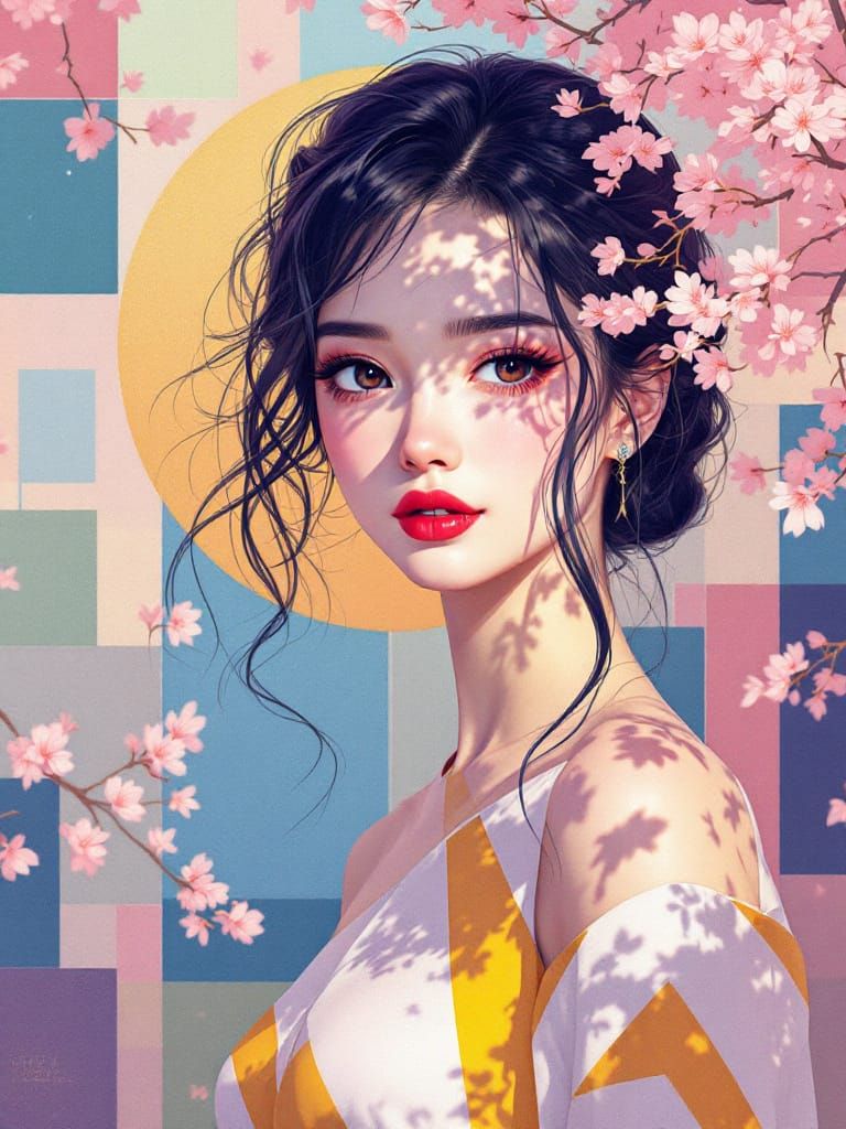 Anime Pin-Up Girl with Mondrian Influence in Cherry Blossom ...