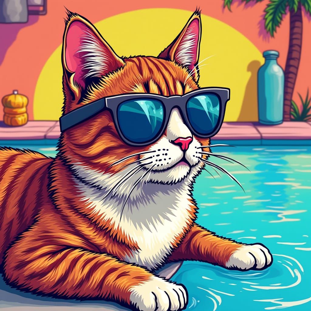 Feline Poolside in Vibrant Colors and Bold Lines