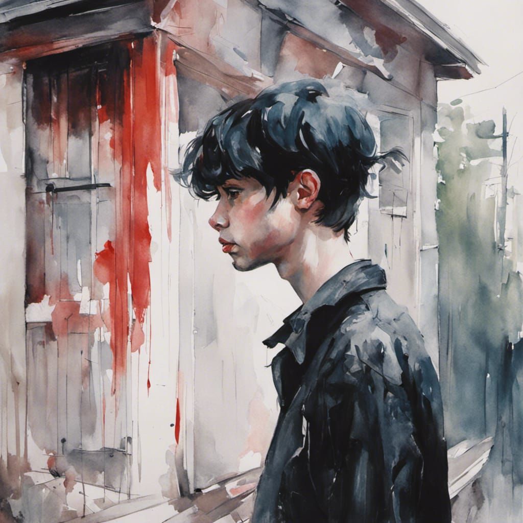 Boy Outside House in Watercolor Style