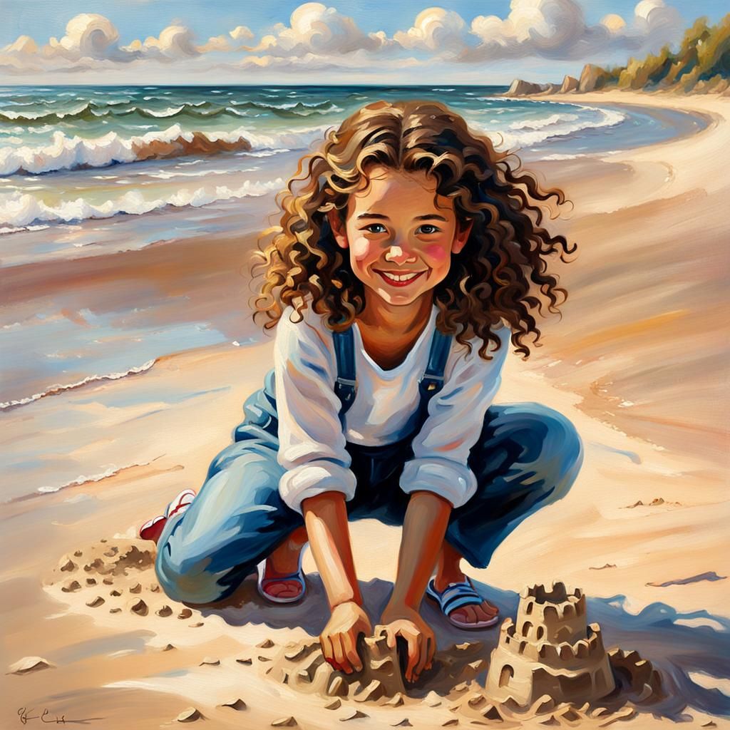 Girl Building Sandcastle: Impressionist Oil Painting