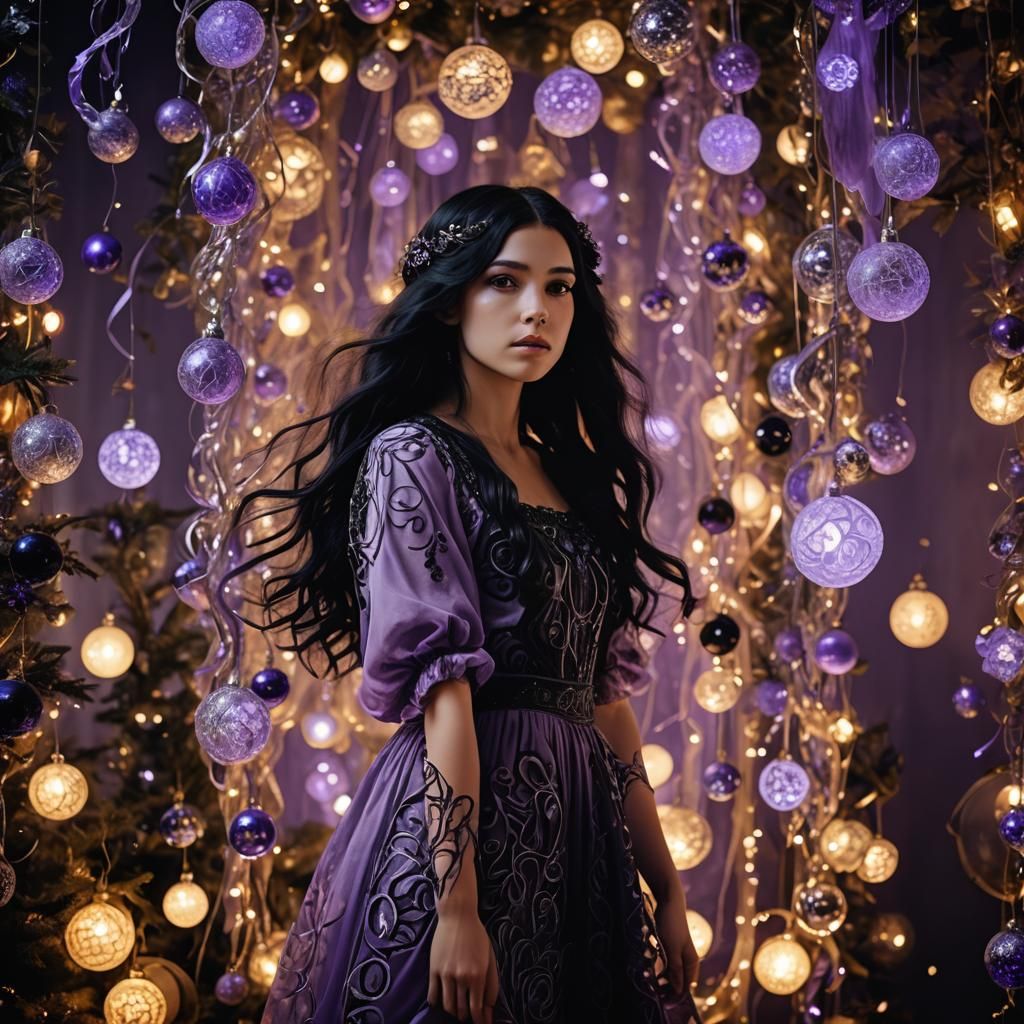 Art Nouveau Girl in Black Dress at Christmas