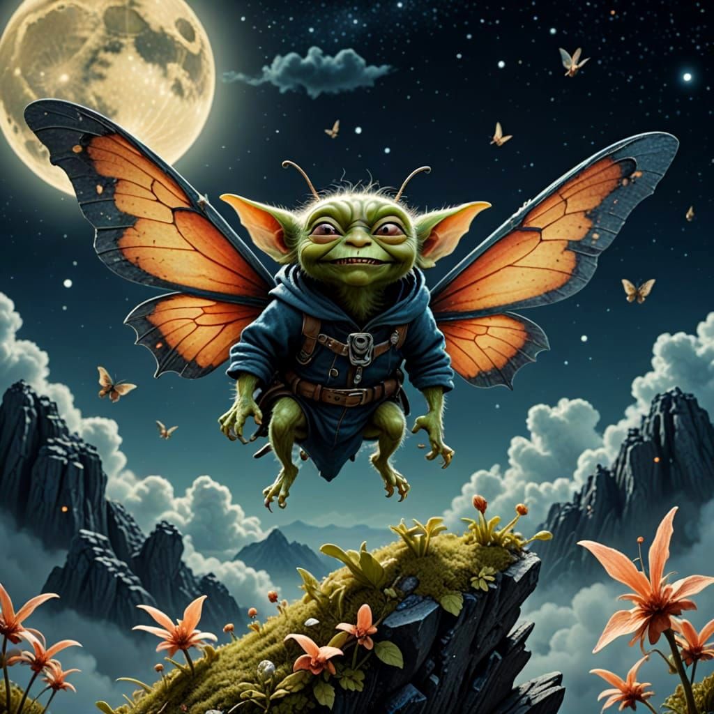 Goblin on Flying Moth in Epic Moonscape