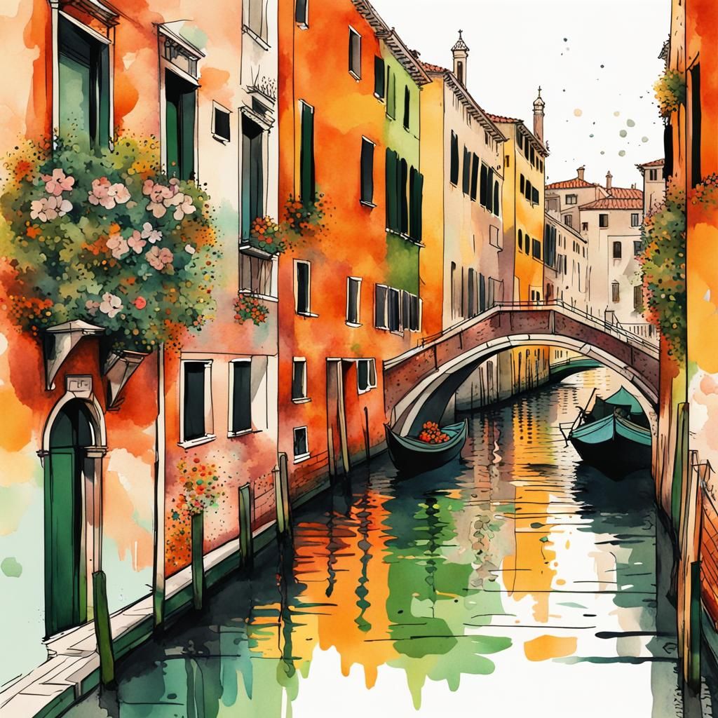 Venice Cityscape with Flowers: Digital Watercolor Art
