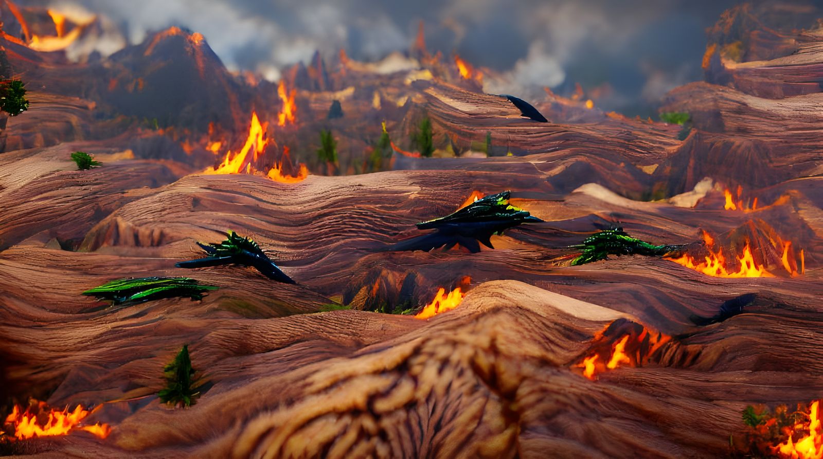 Green Dragon Soaring Over Scorched Forest