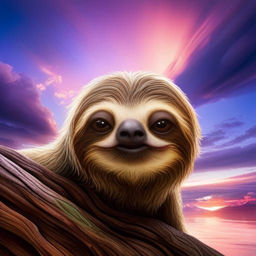 Cute Sloth on Tree at Sunset in Fantasy Art