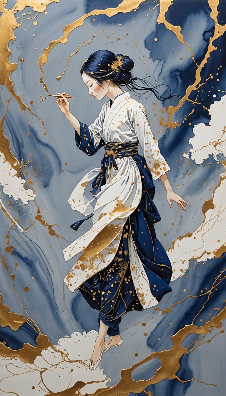 Celestial Girl in Indigo, Gold, and White: Kintsugi Art