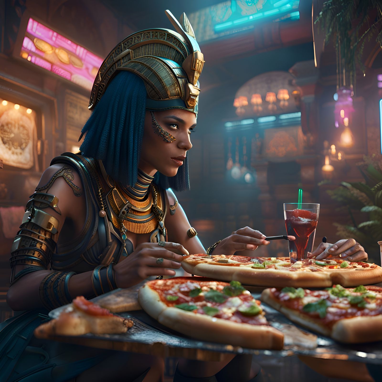 Cleopatra's Cyberpunk Pizza Party: Detailed Matte Painting