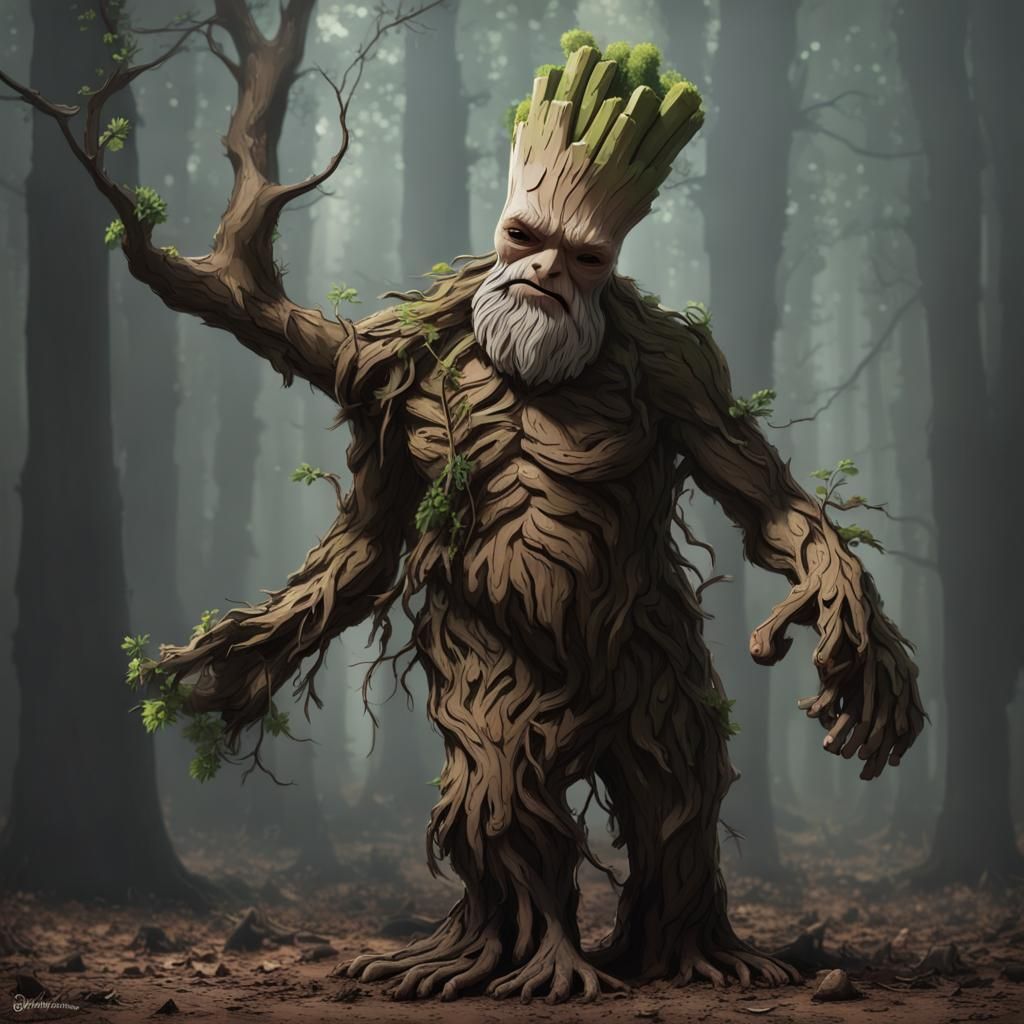 Deformed Groot Tree Walking in Forest