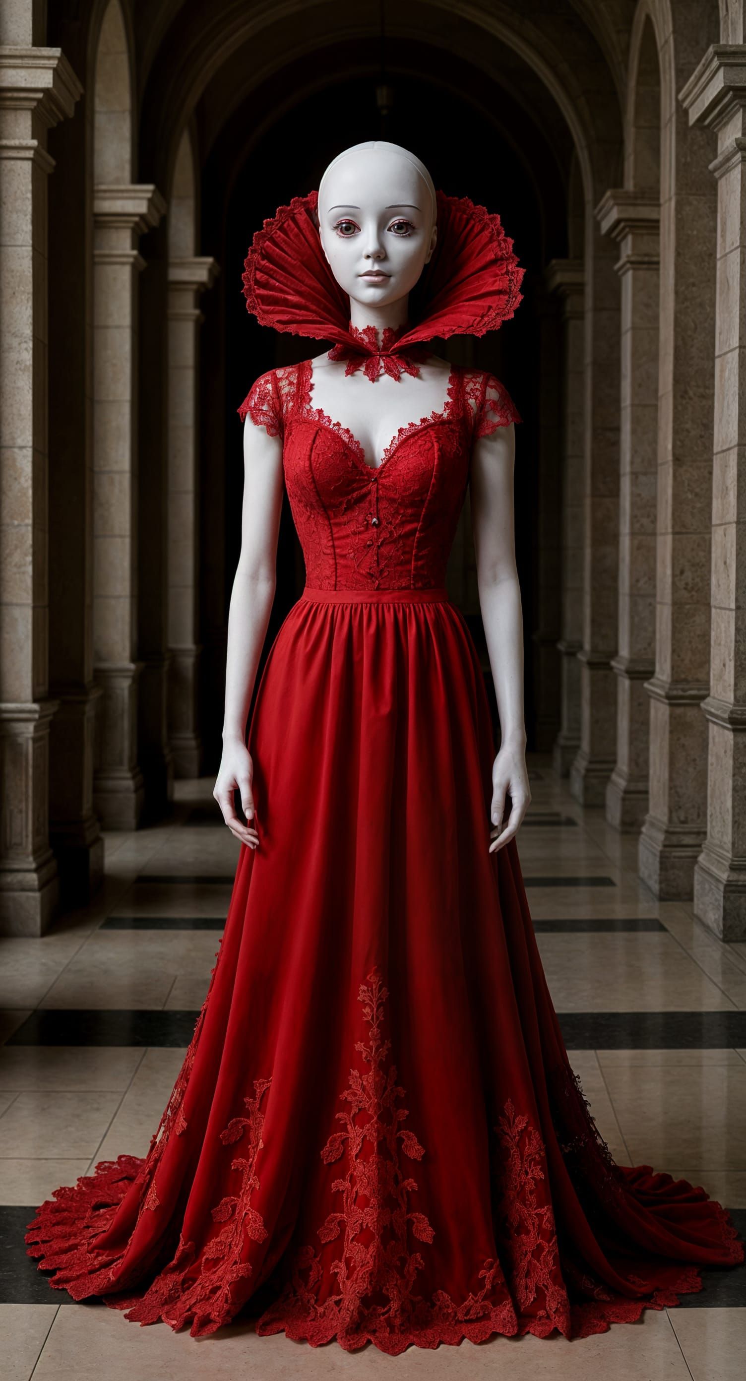Faceless Ragdoll in Crimson Dress in Castle