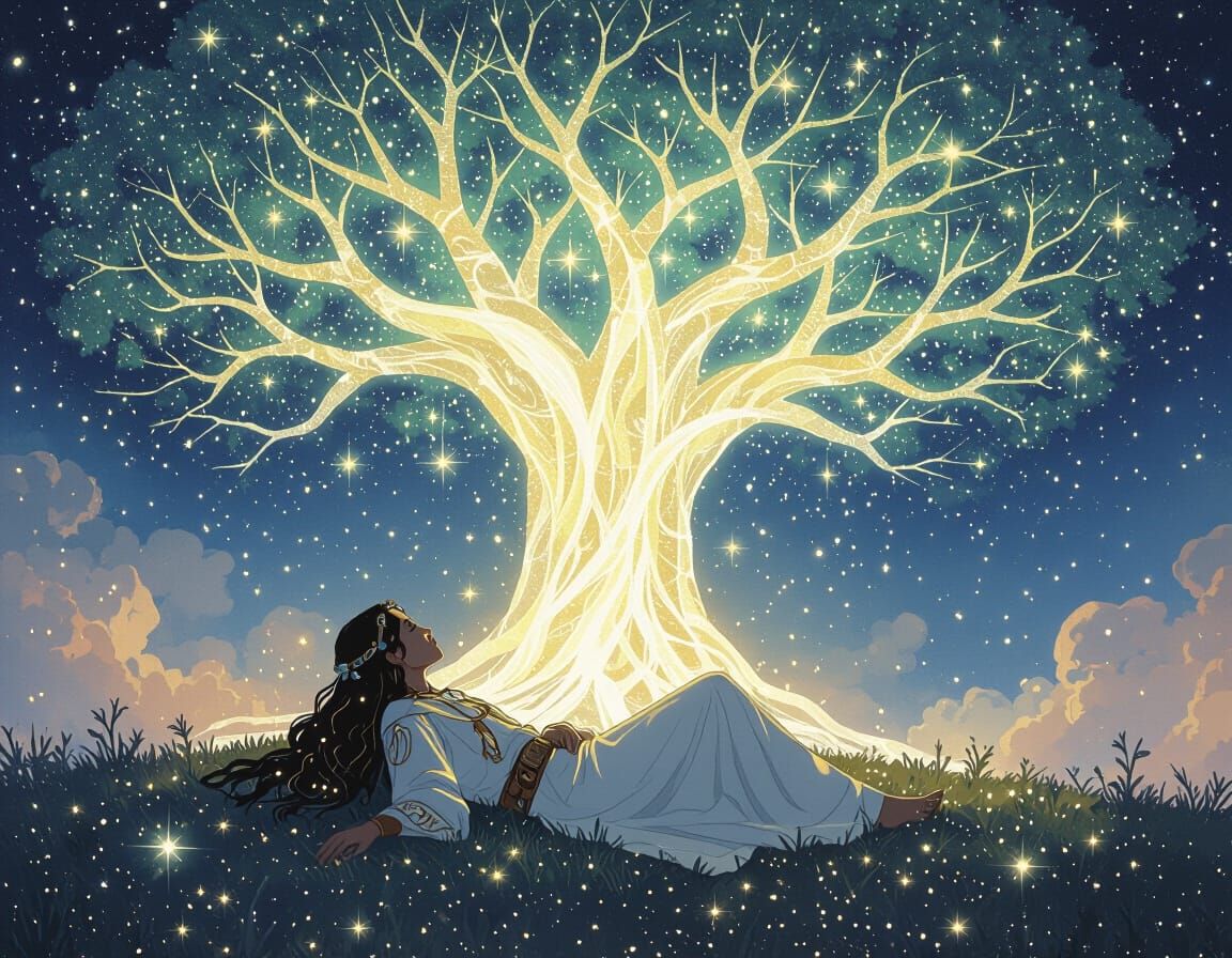 Mystical Dreamer Under Ethereal Celestial Tree