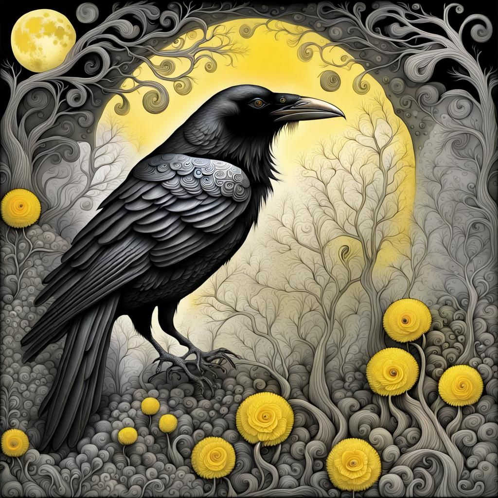 Raven in Garden with Yellow Accents