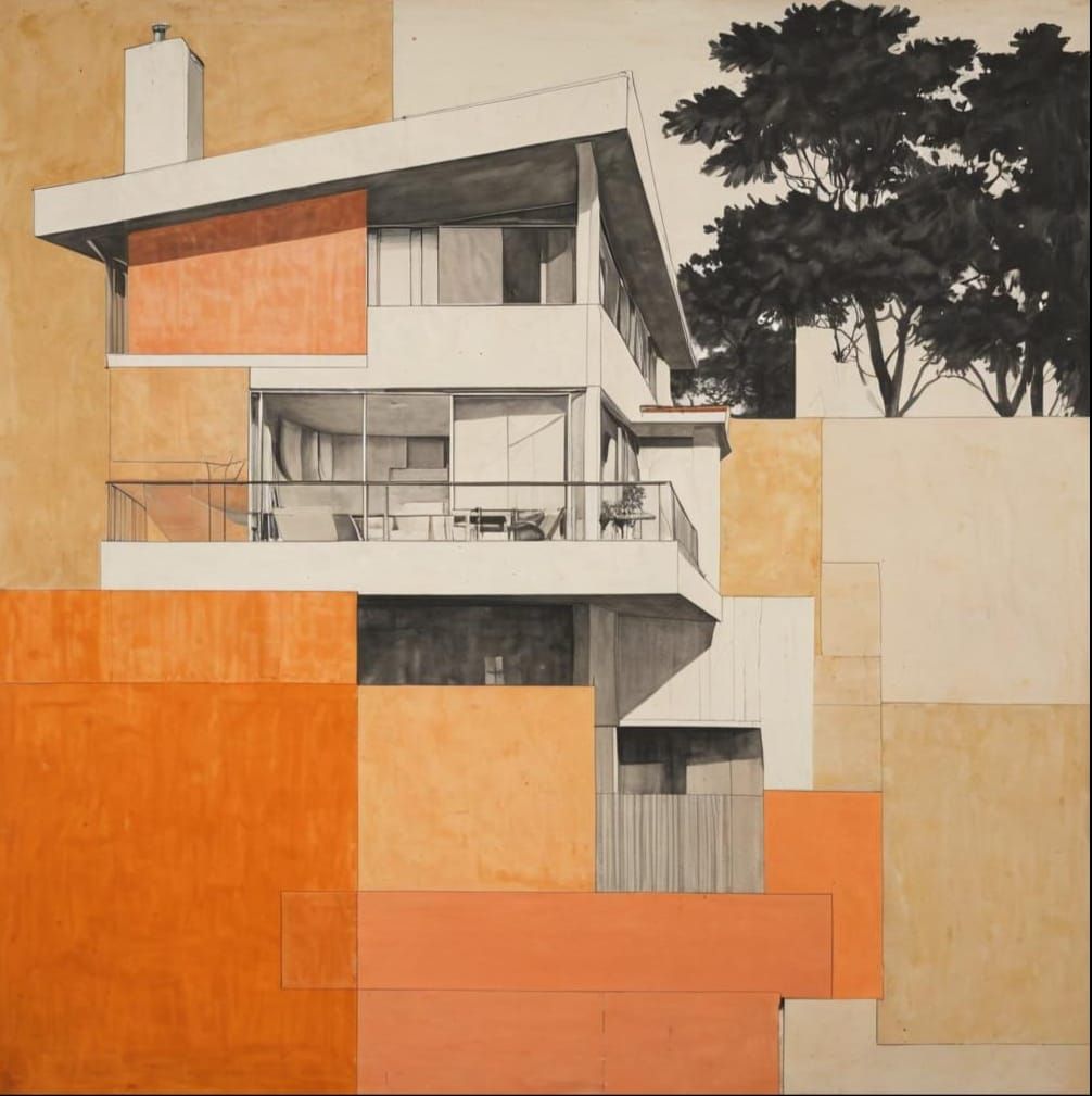 Mid-Century Modern House in Mixed Media Style