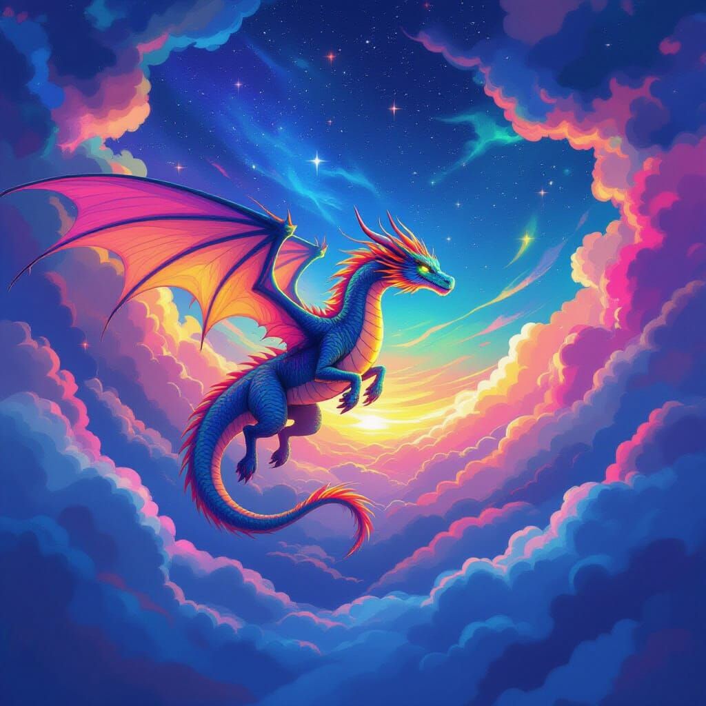 Rainbow Dragon Soaring Through Iridescent Skies