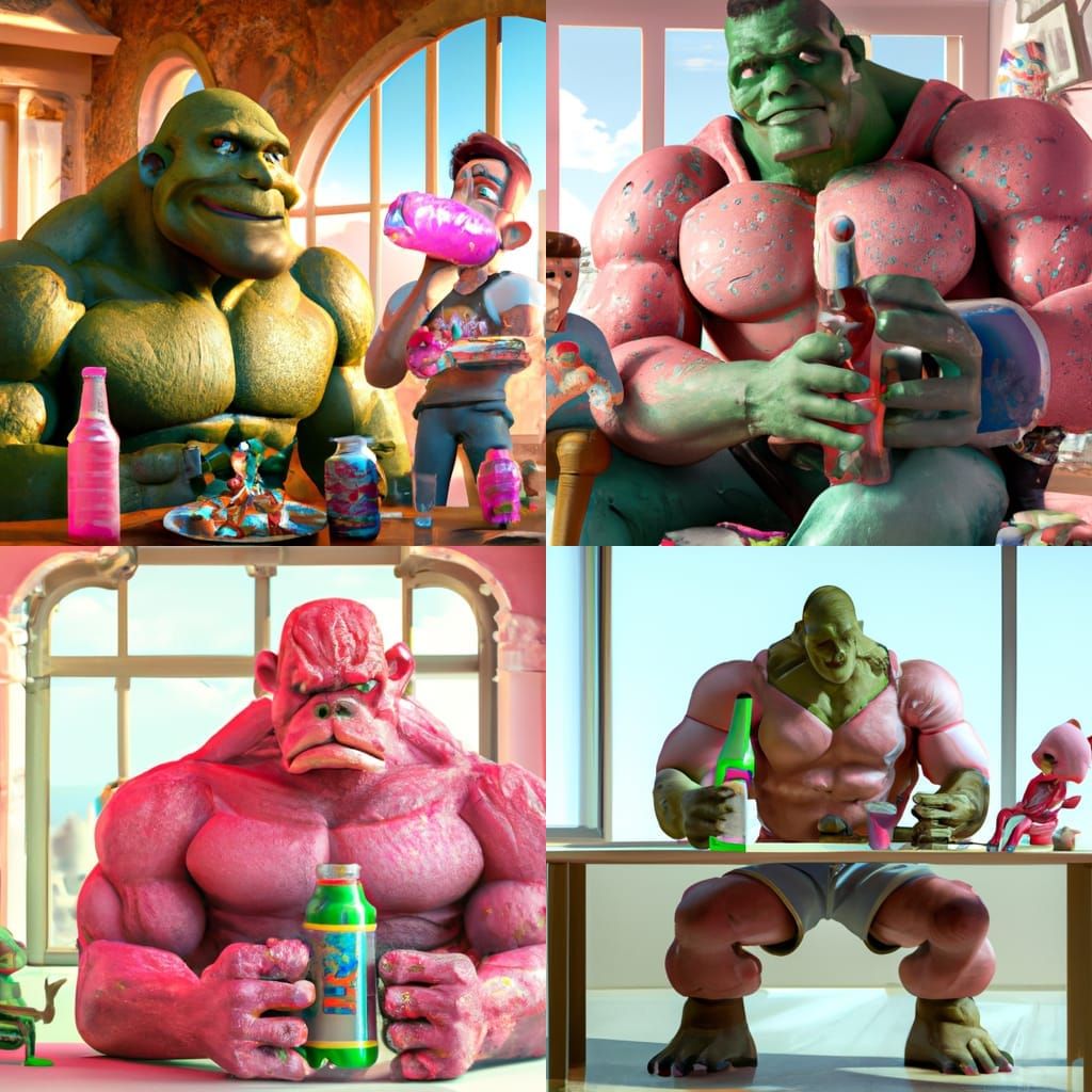 Epic Pink Hulk with Puppy, Digital Art