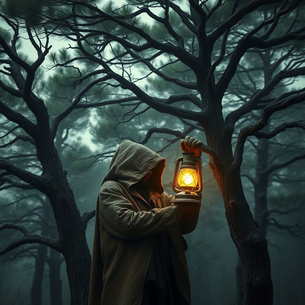 Mysterious Figure Leans into Gusty Wind Beneath Ancient Pine...