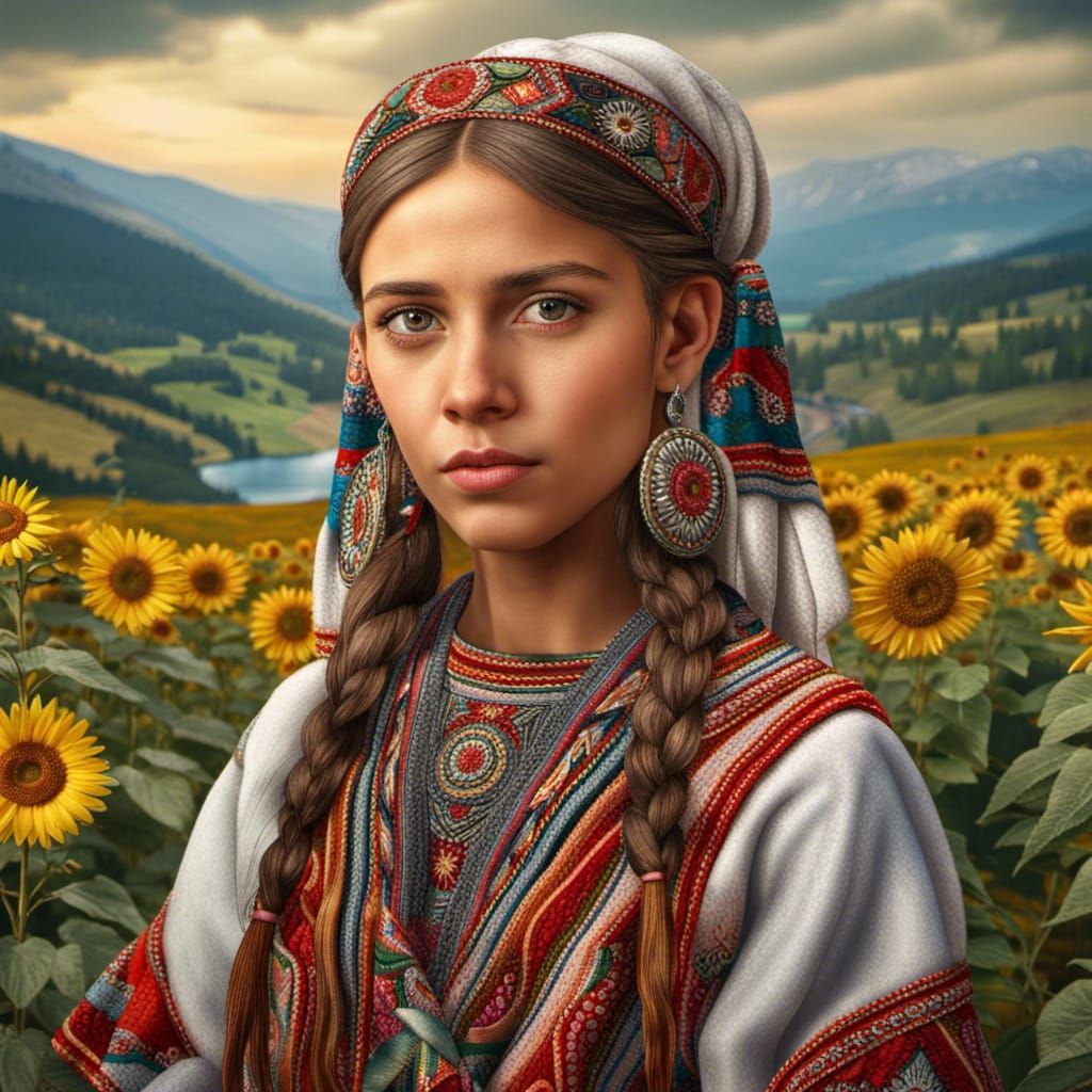 Bulgarian Girl in Native Dress with Mountain Backdrop