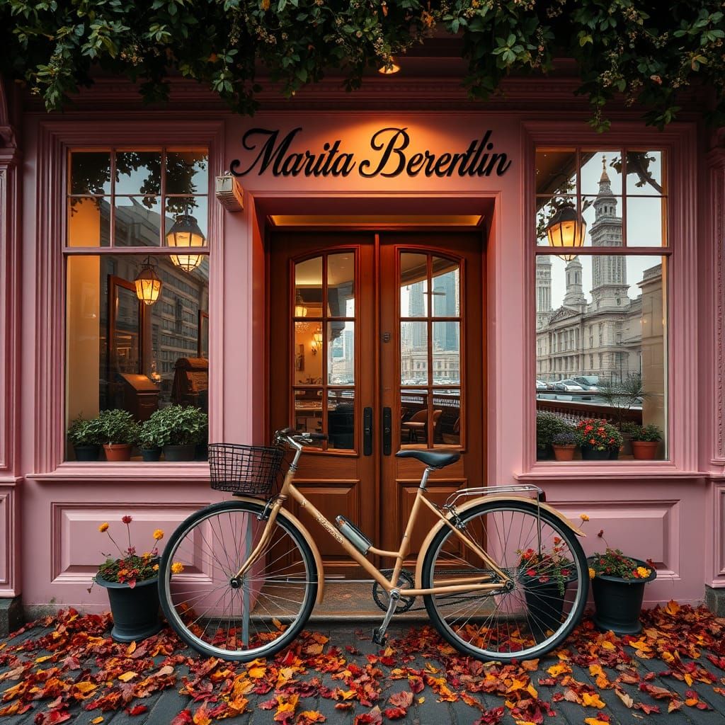 Quaint Pink Café with Autumn Leaves