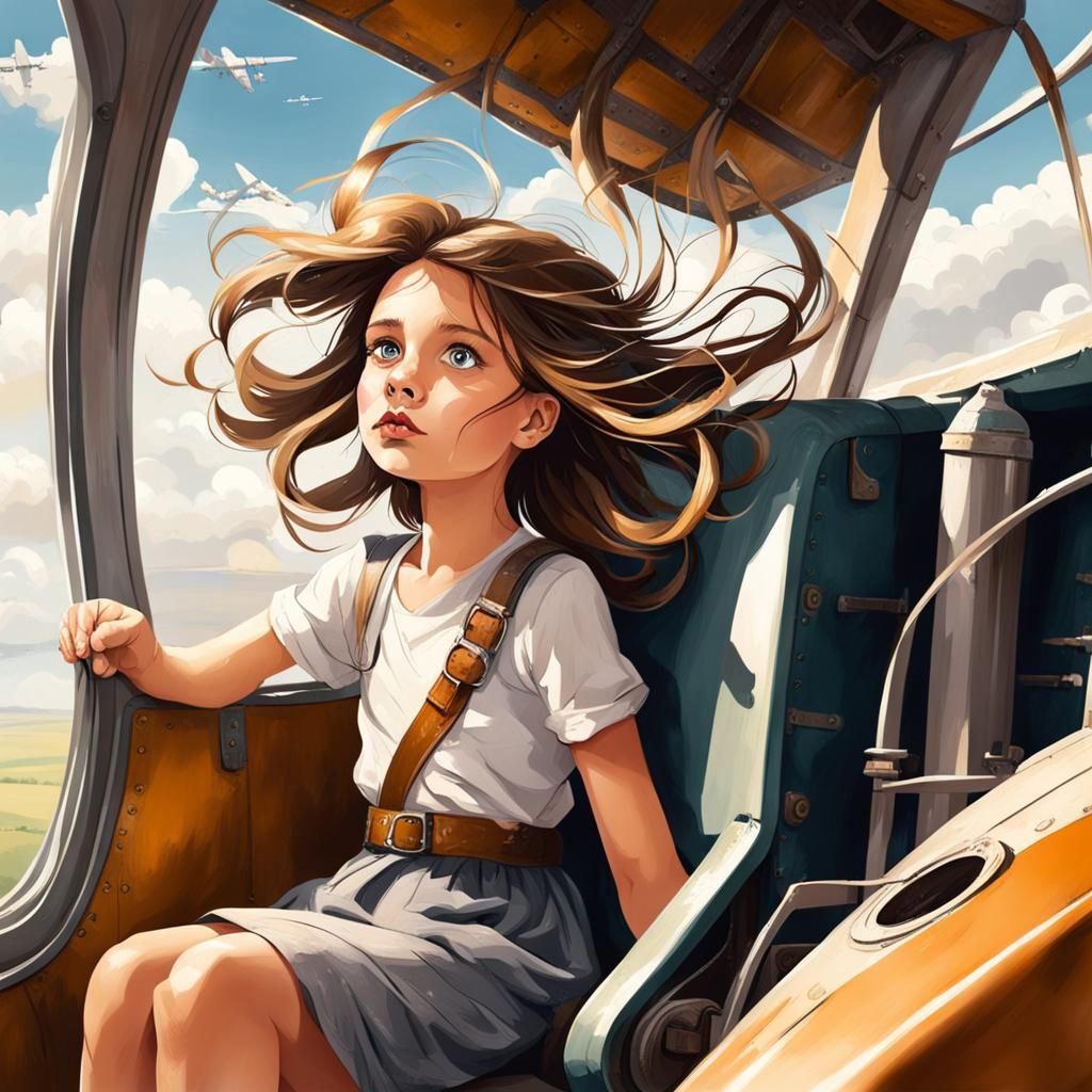 Girl in Open Cockpit Airplane with Windblown Hair