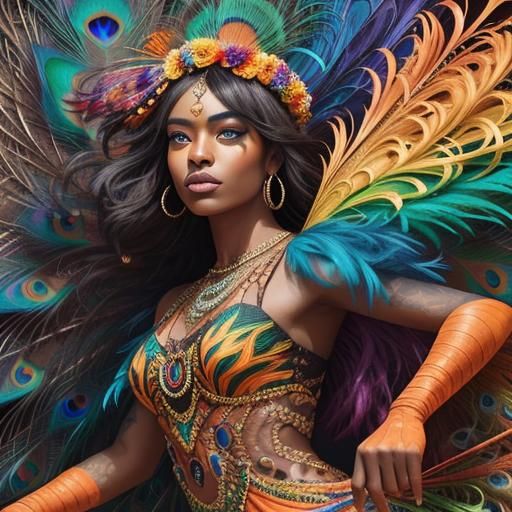 Abstract Expressionist Woman with Peacock Feathers