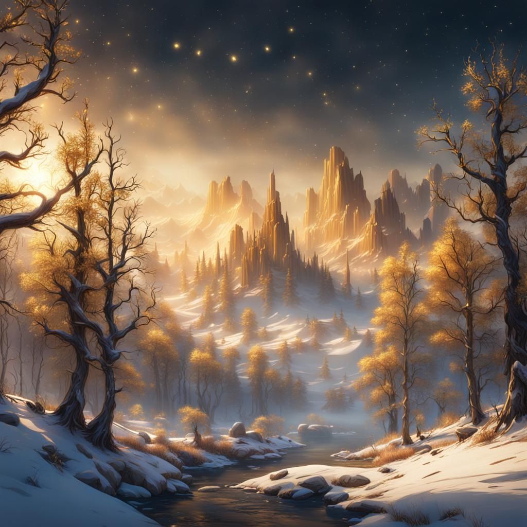 Winter Landscape with Golden Stars, Detailed Matte Painting