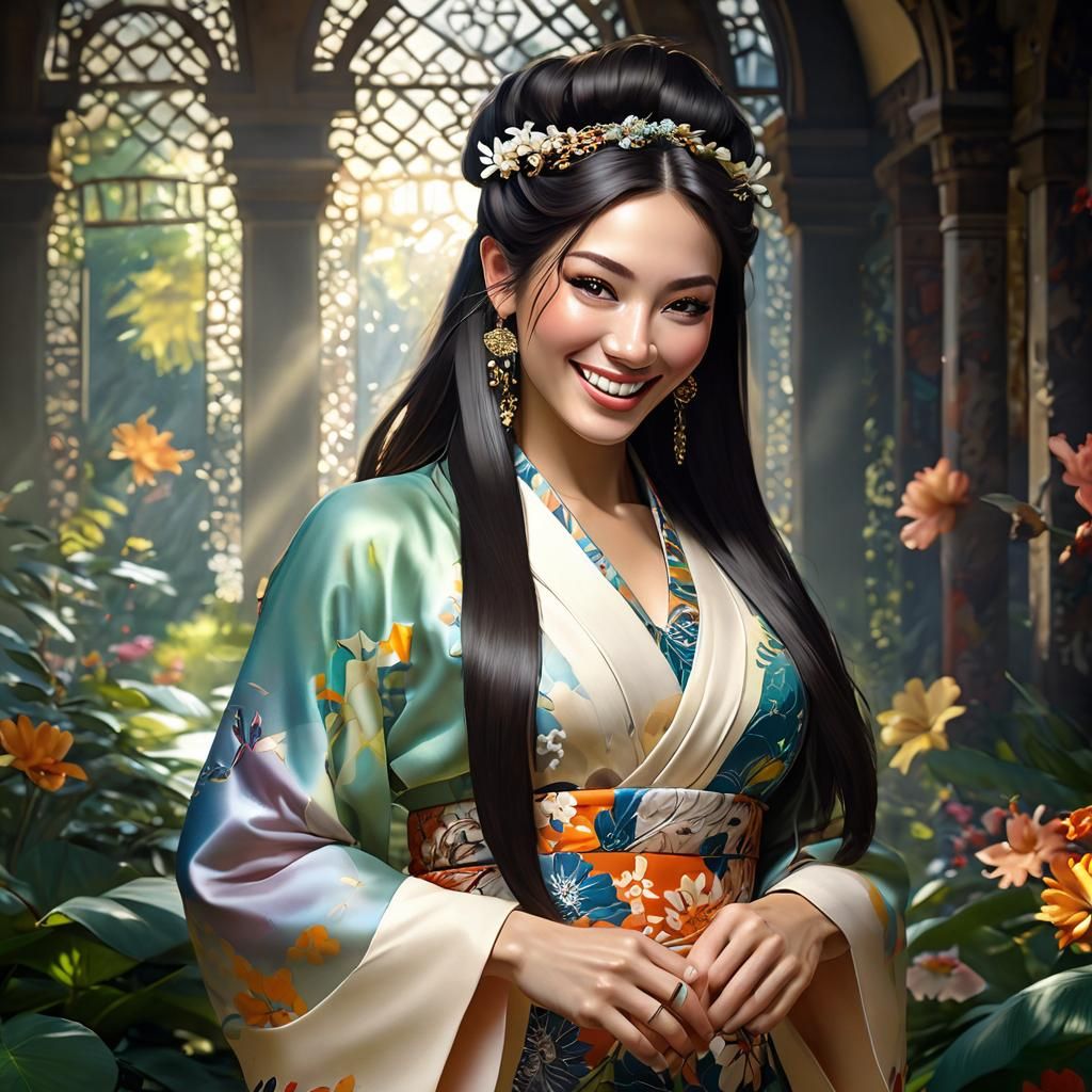 Joyous Woman Dancing in Whimsical Botanical Garden