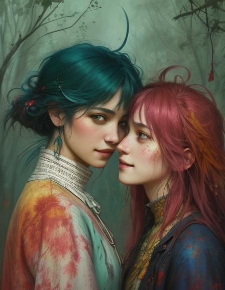 Colorful Expressionist Painting of Two Girls in Forest