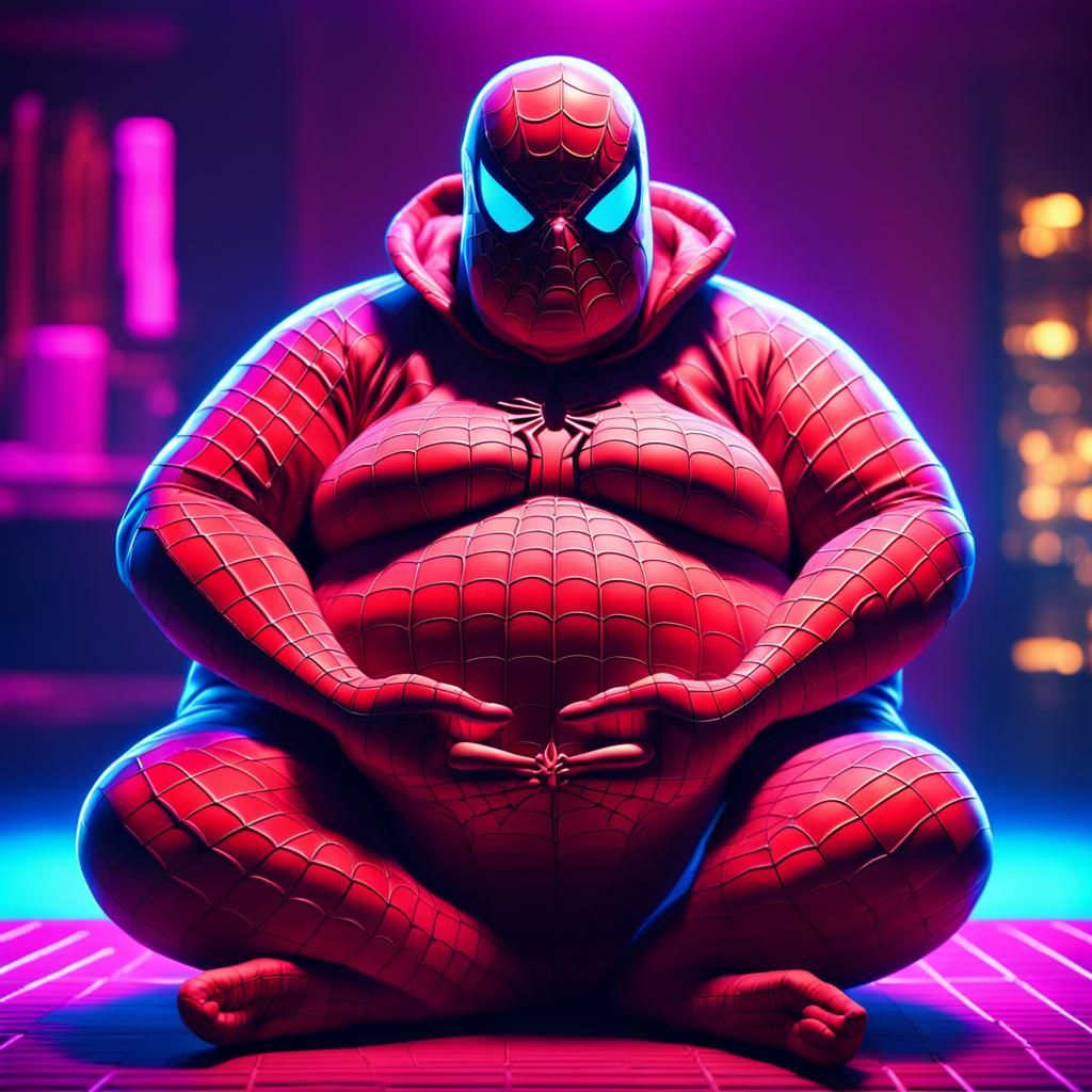 Fat Spiderman Meditating in Synthwave Neon