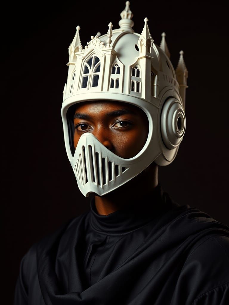 Gothic Building Helmeted Hero in Dark Fantasy Attire