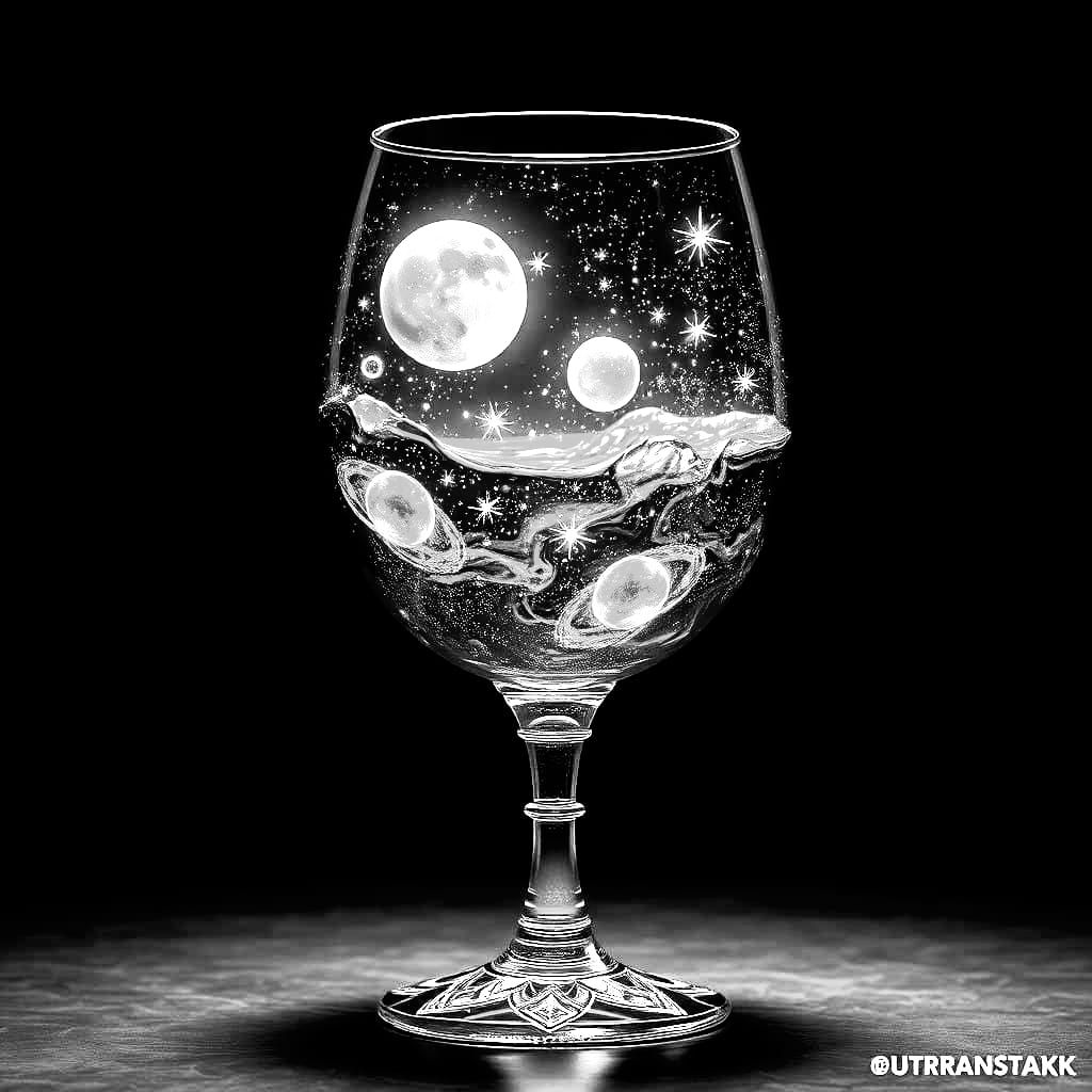 Surreal Wine Glass Containing Glittering Celestial Bodies in...