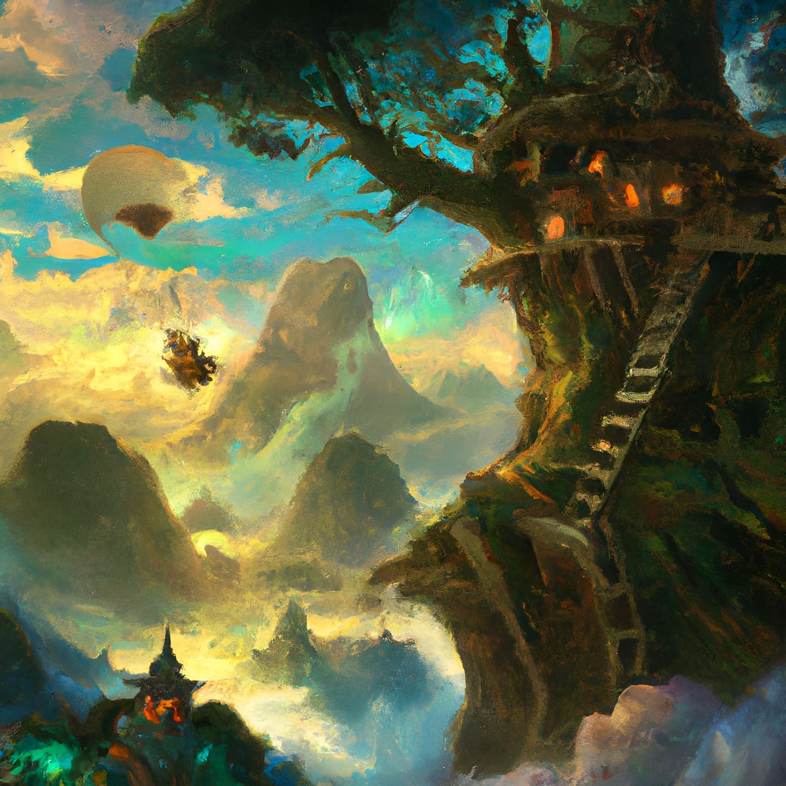 Conifer Forest Treehouse: Surreal Painting in Romantic Style