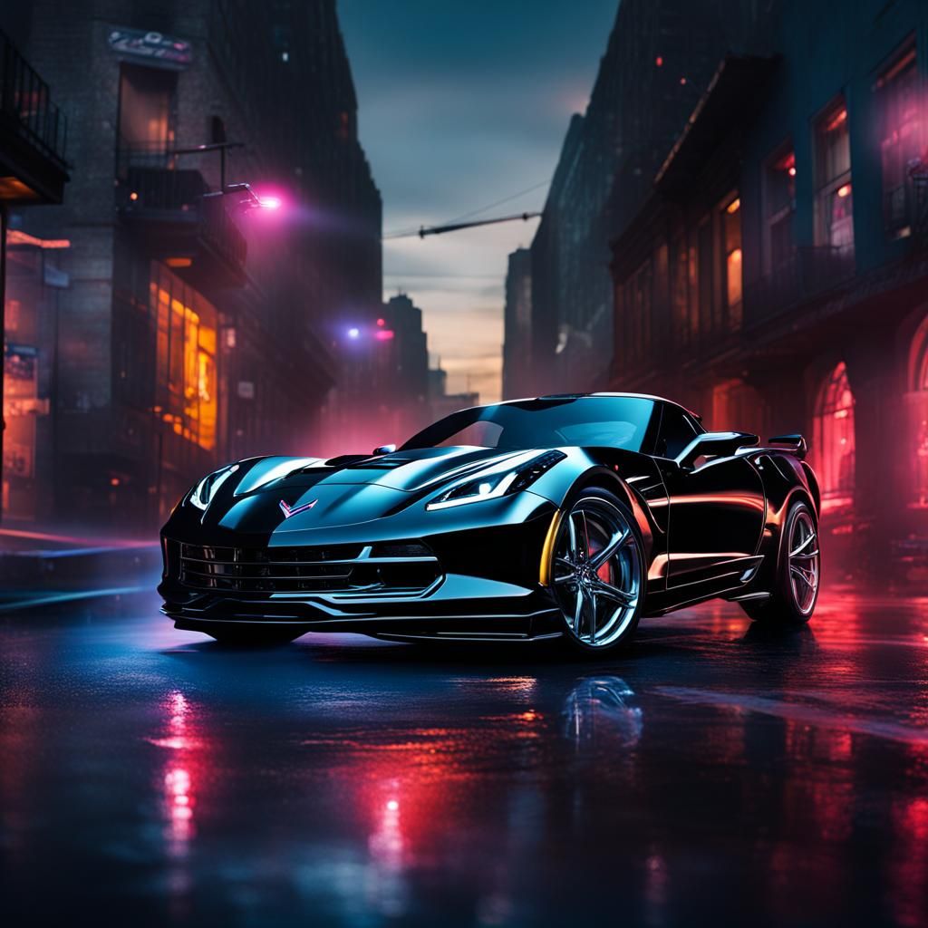Black Corvette Z06 in Neon Cityscape