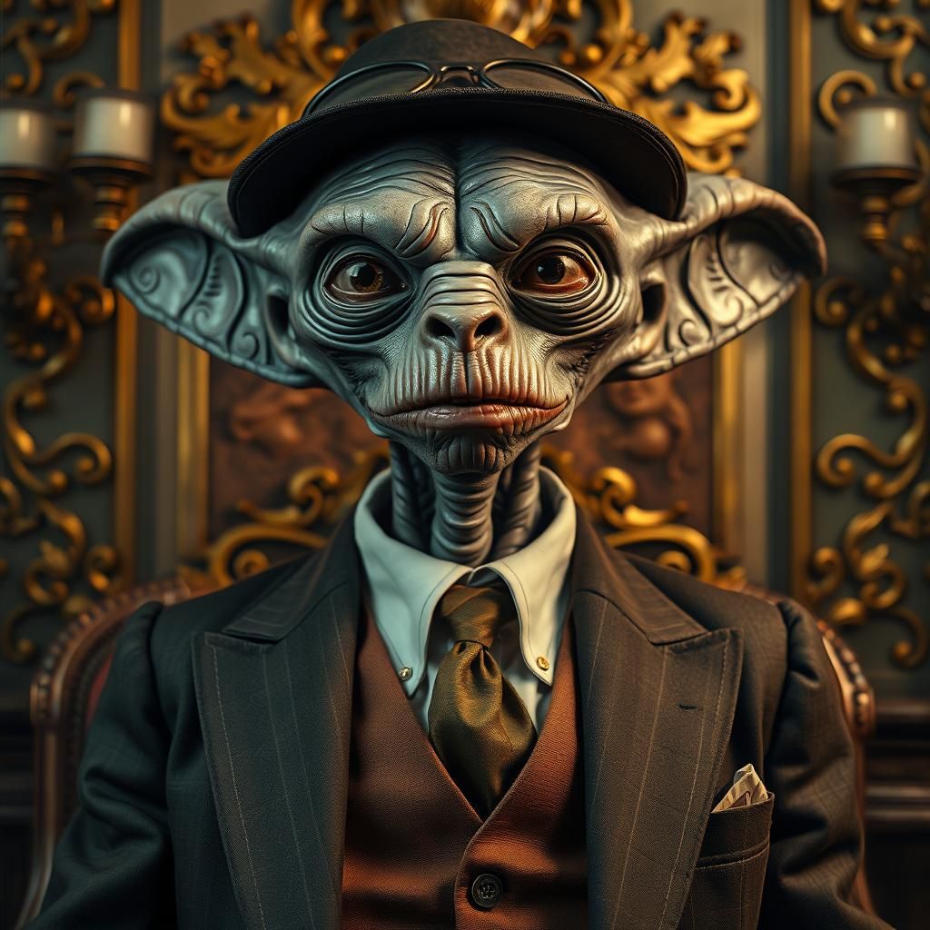 Mr. Bean-Inspired Alien in Hyperrealistic Oil Painting