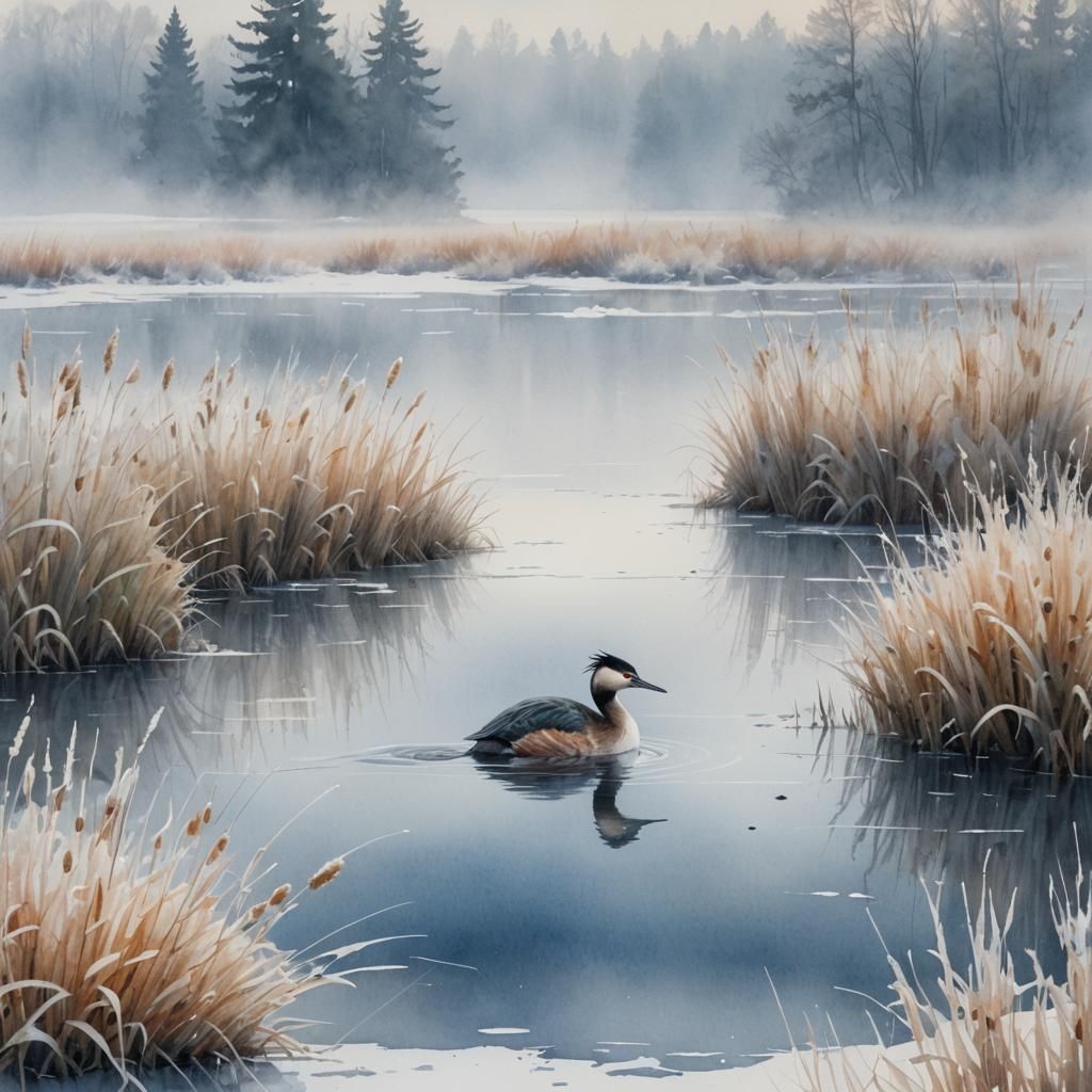 Great Crested Grebe on Frozen Lake: Watercolor Landscape