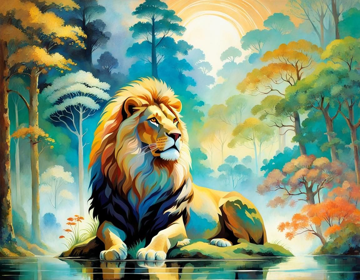 Majestic Lion in Fantasy Forest Landscape