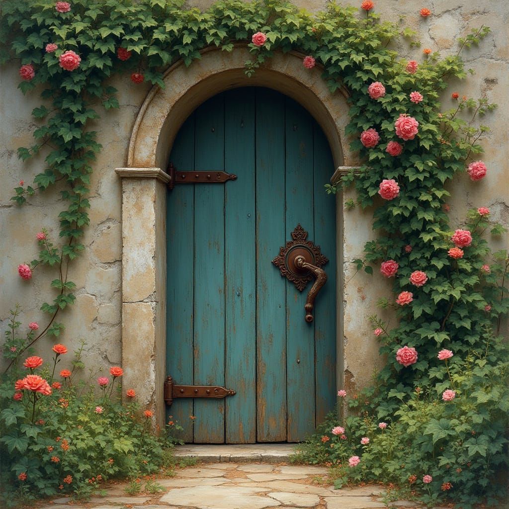 Hidden Door in Secret Garden, Impressionist Style
