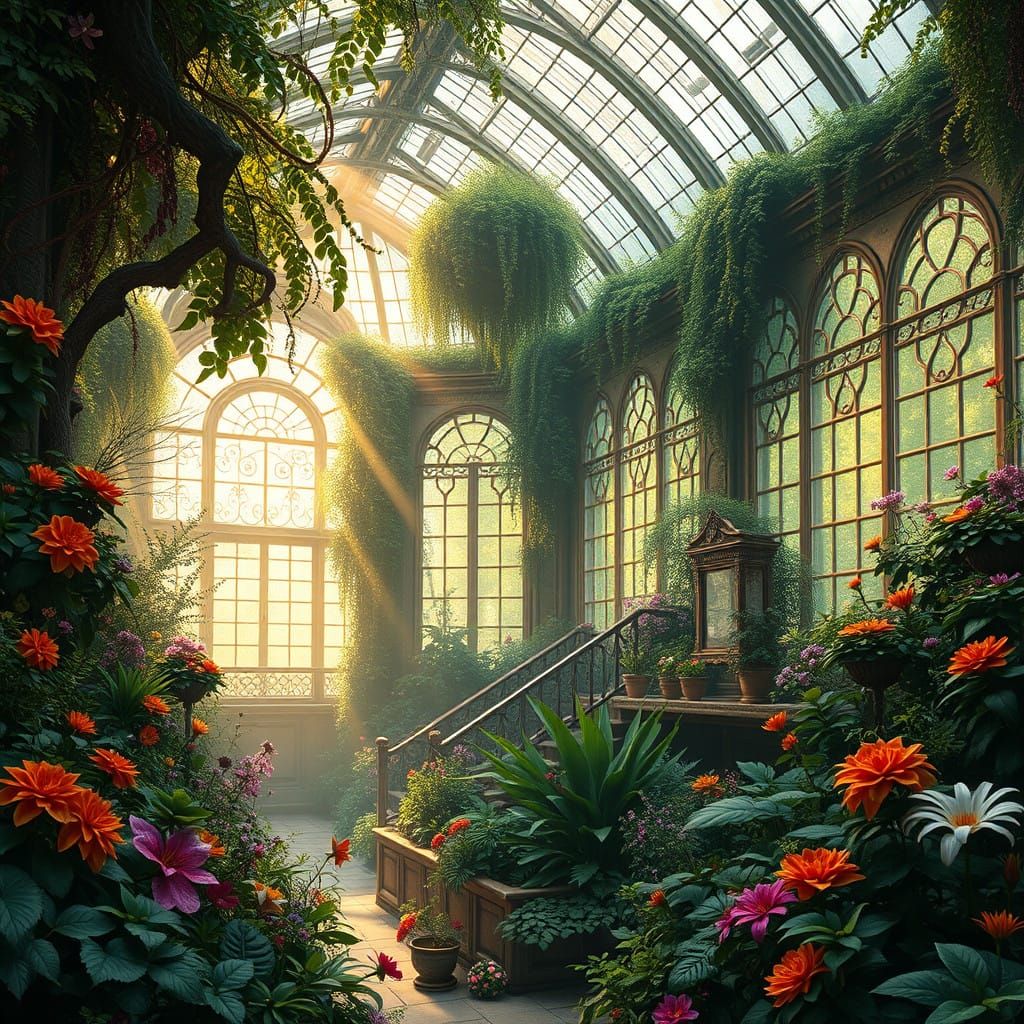 Mystical Conservatory Teeming with Exotic Flowers and Foliag...