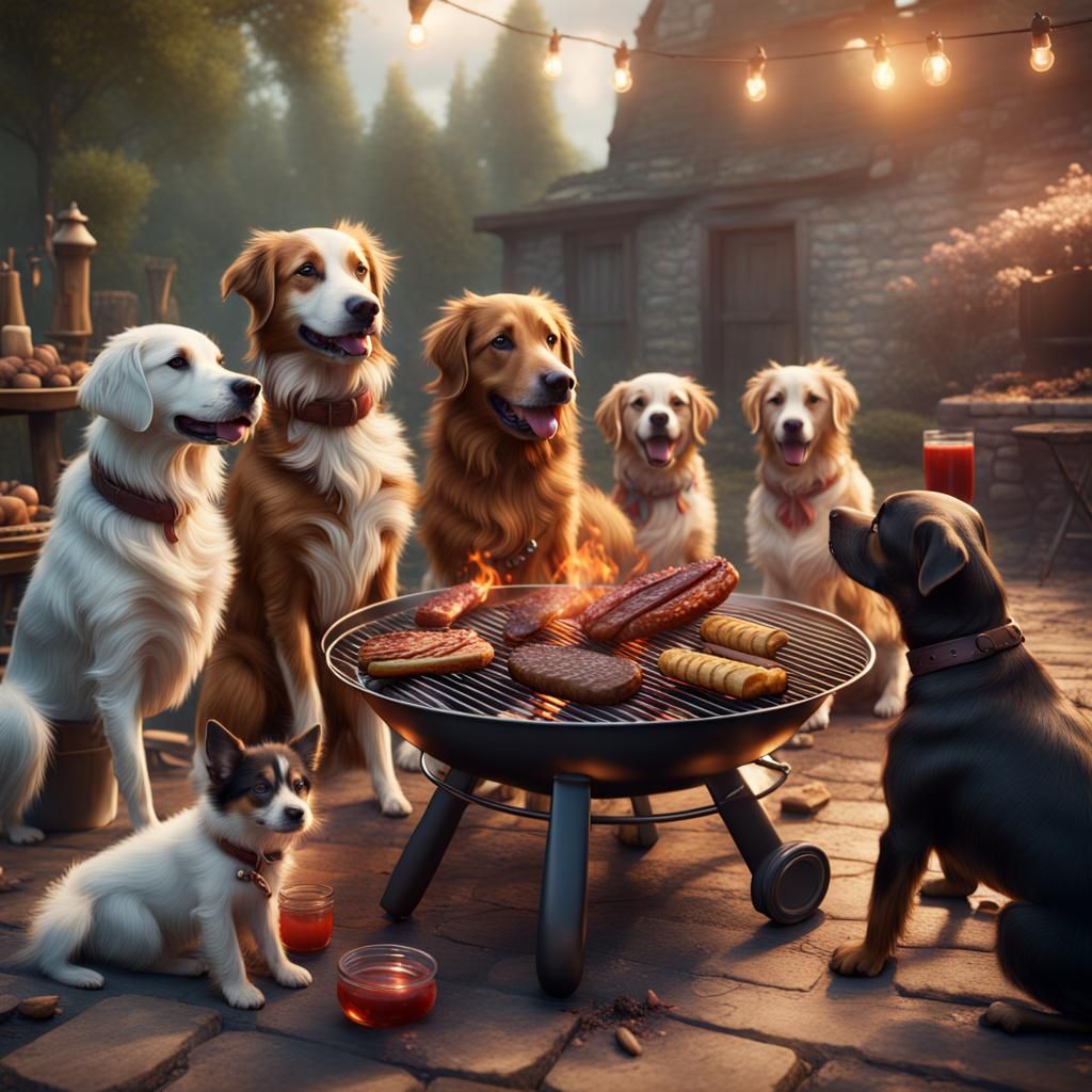 Dogs' Barbecue: Detailed Matte Painting in Deep Color