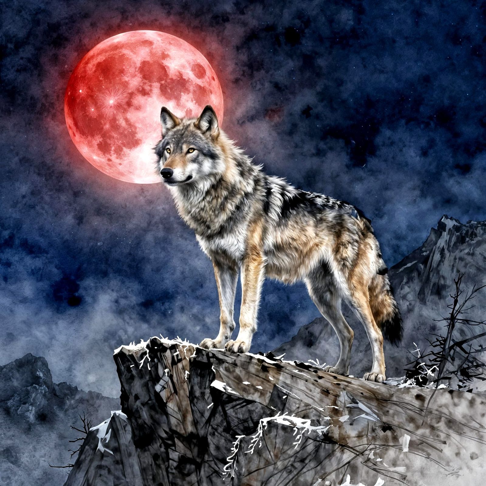 Solitary Wolf Under Blood Moon
