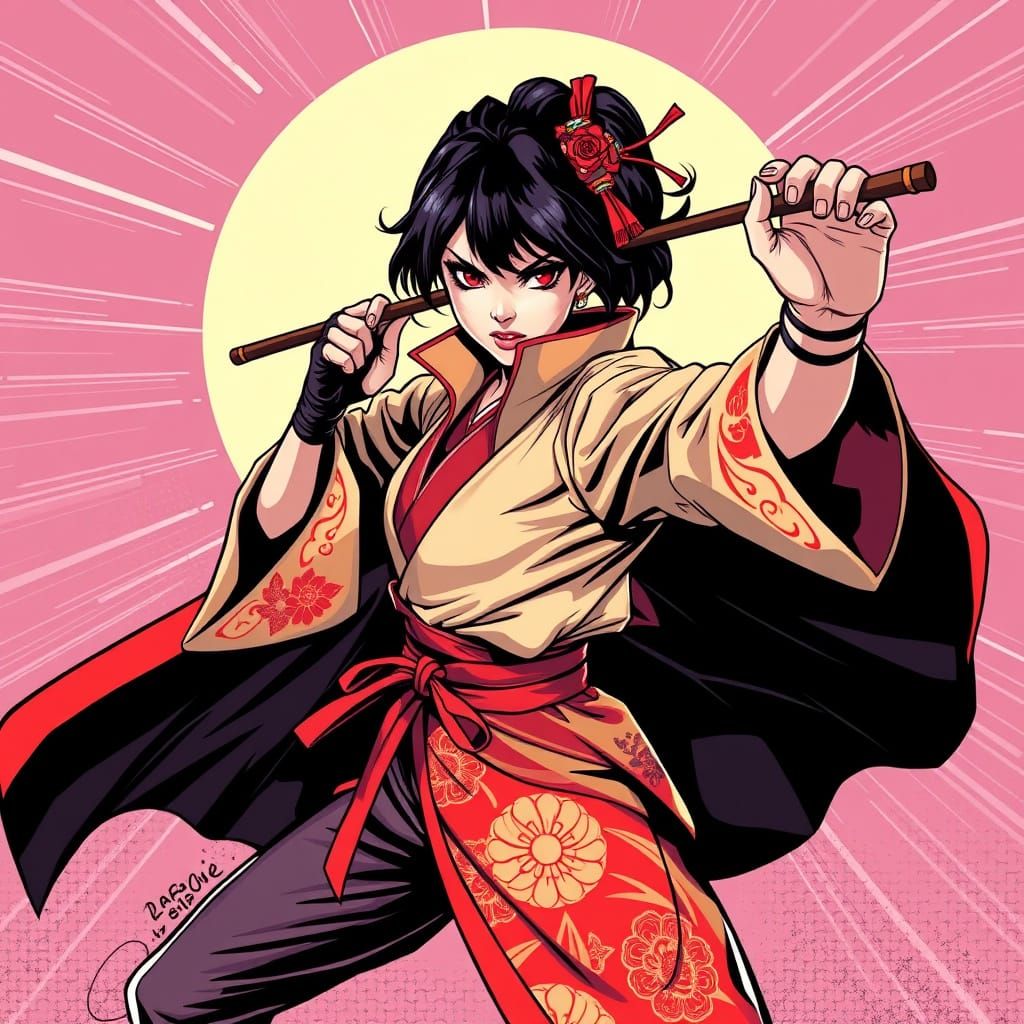 Powerful Geisha Assassin in Karate Stance