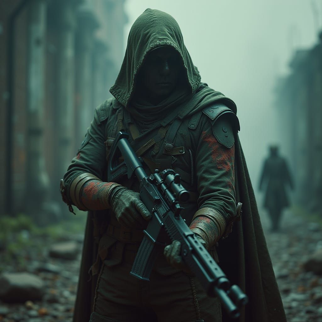 Androgynous Soldier in Dystopian Landscape, Cinematic Film S...