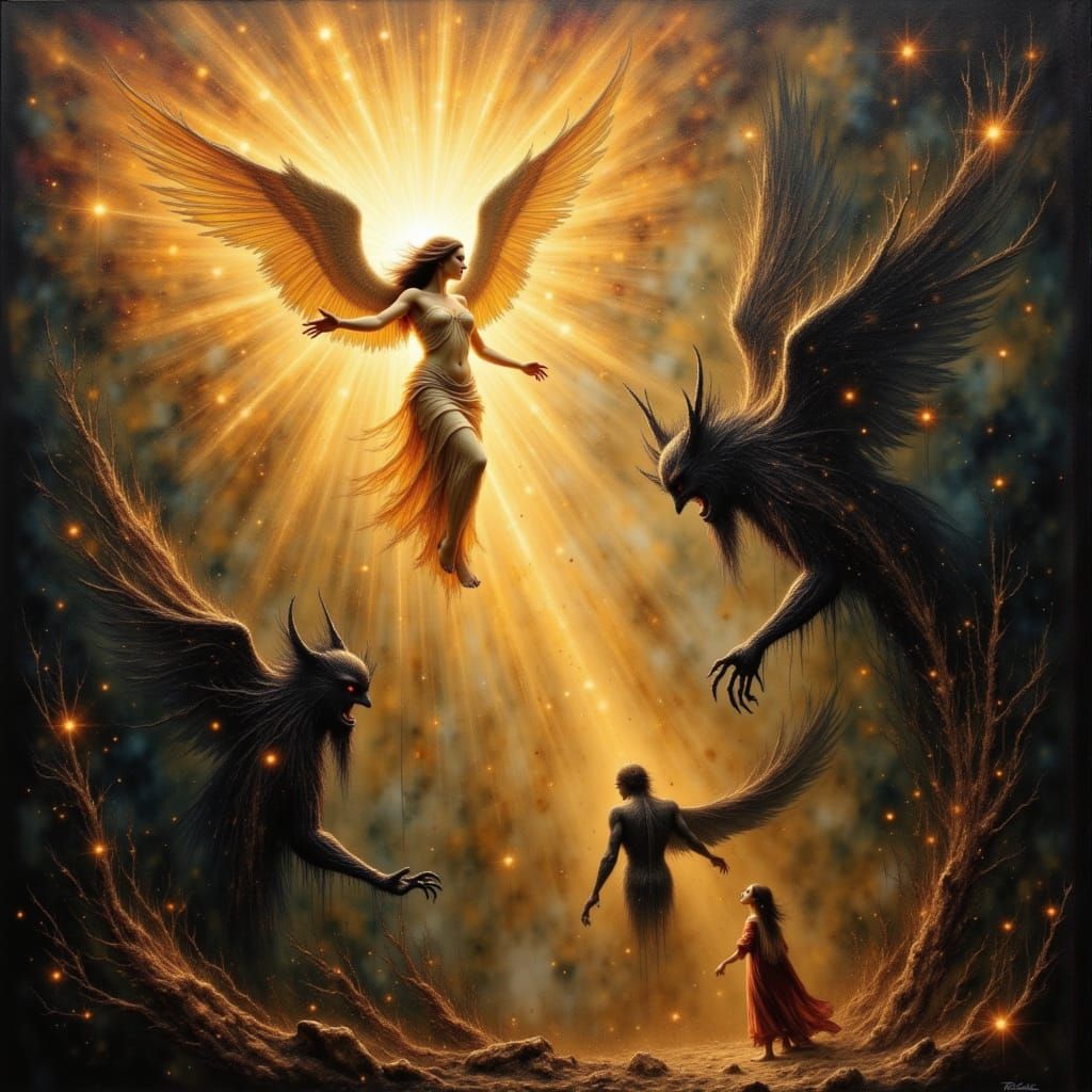 Divine Angel vs Demonic Shadow in Expressive Oil Painting