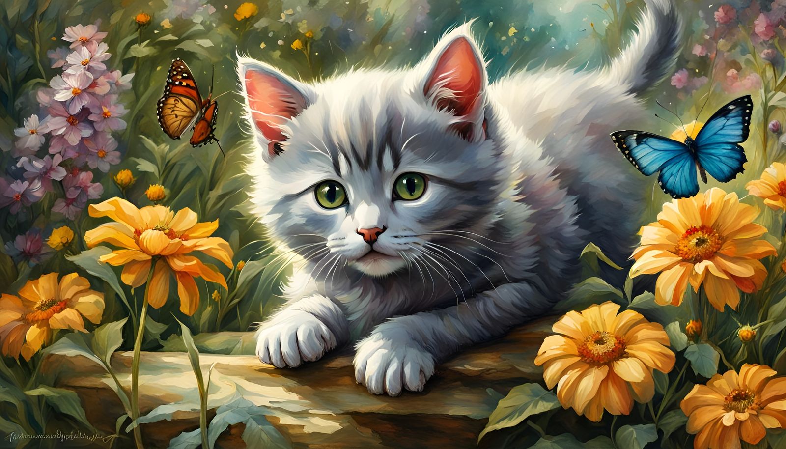 Kitten's Butterfly Hunt: A Renaissance-Style Garden Scene