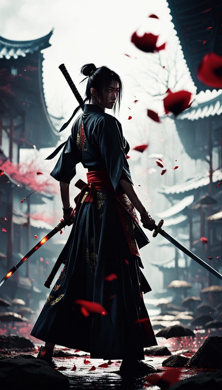 Fierce Woman Warrior in Rain: Cinematic Anime Style