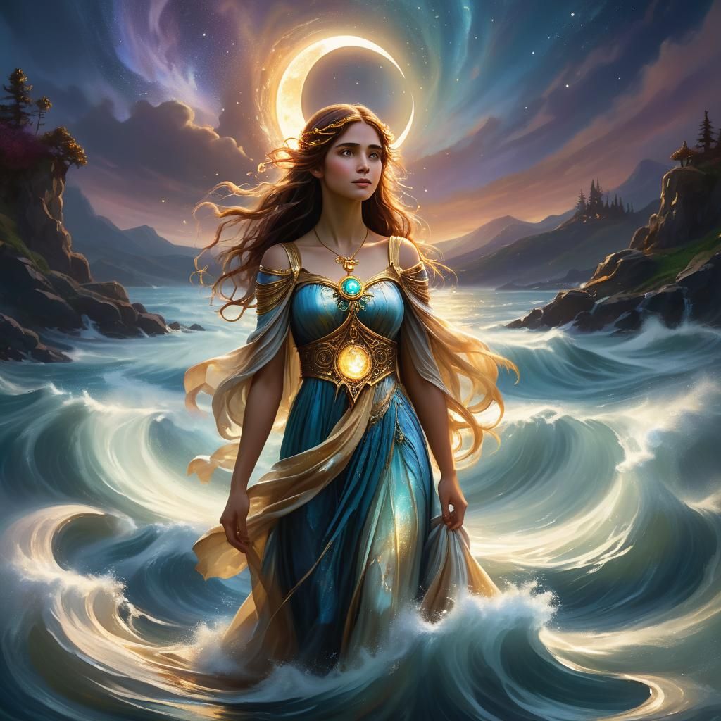 Mystical Woman in Dreamlike Landscape as Oil Painting