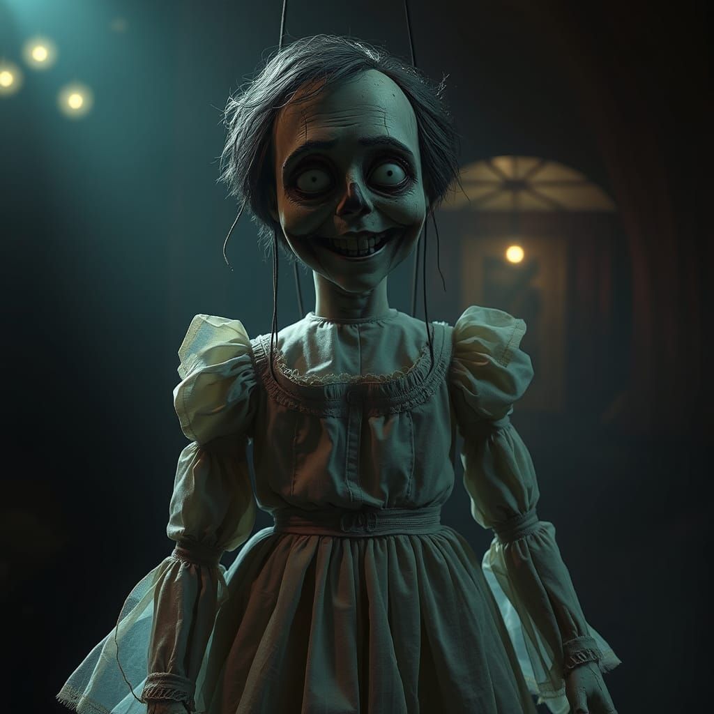 Unsettling Ventriloquist Dummy in Dark Fantasy Style
