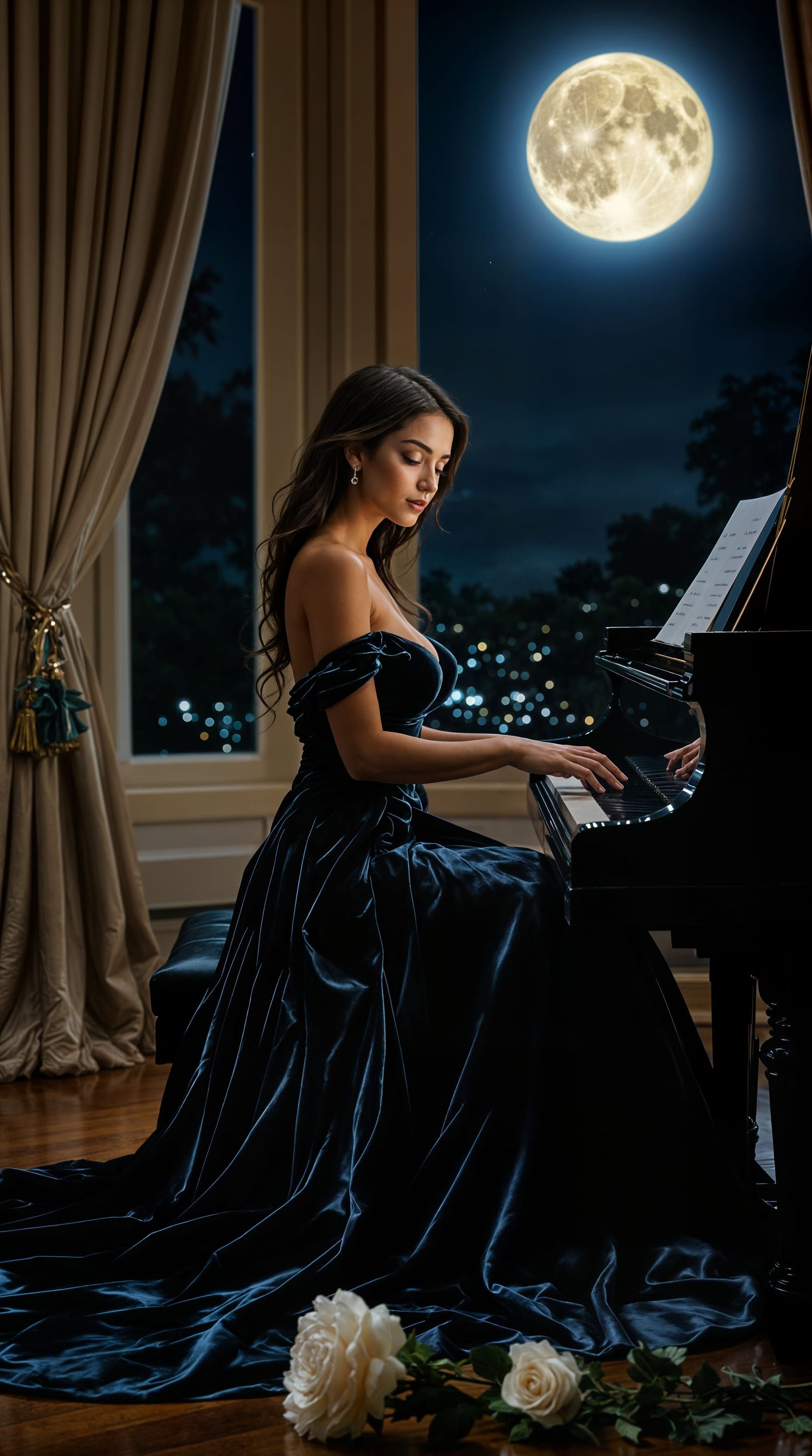 Ethereal Beauty Plays Moonlit Piano in Velvet Gown