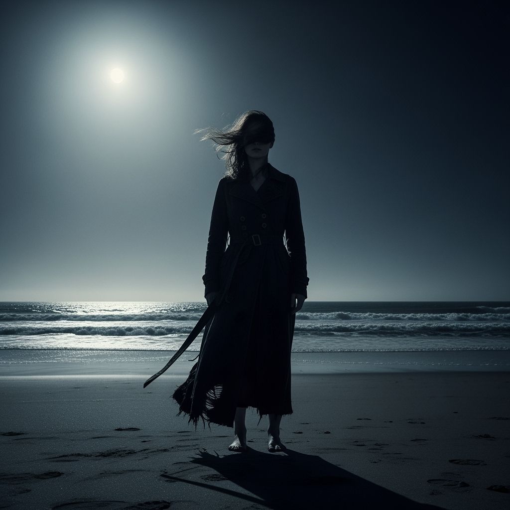 Gothic Horror Woman on Desolate Moonlit Beach