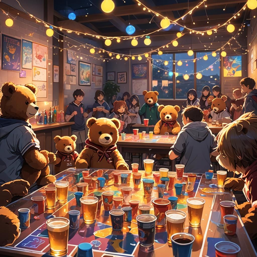 Teddy Bears' Anime Fraternity Party in Golden Light