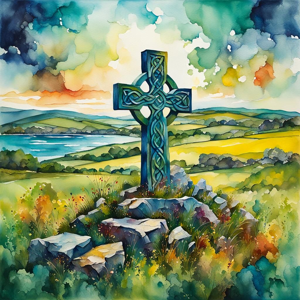Celtic Cross in Cornish Landscape, Gouache Style