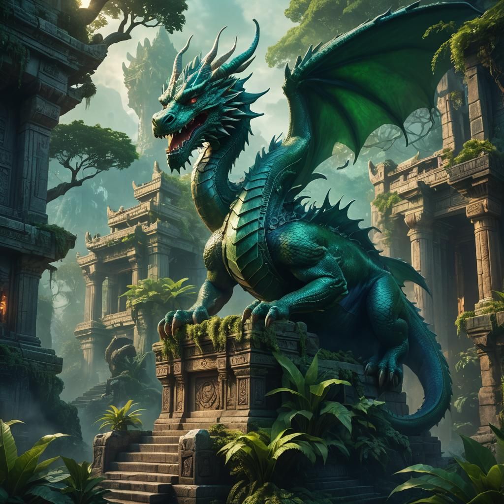 Majestic Dragon Perched Atop Mystical Temple